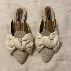 Like new Margaux mules. Tan linen with bow